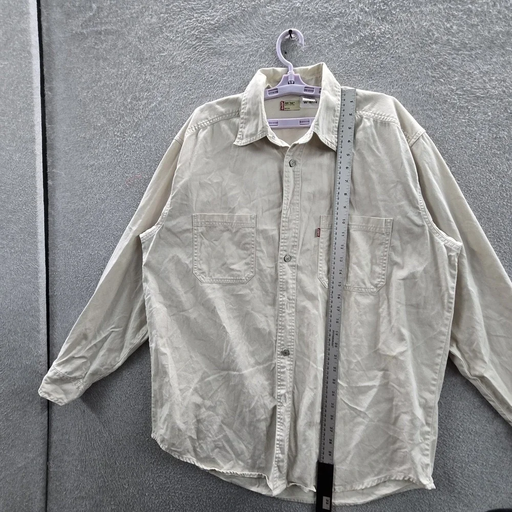 VINTAGE Levi's Red Tab Men Button Up Shirt M Beige Twill Logo Long Sleeve Y2K